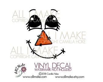 May include: A black and white line drawing of a smiling scarecrow face with a triangle-shaped nose. The text "VINYL DECAL" is written in purple below the face. The text "WATERMARK NOT INCLUDED" is written in purple below the text "VINYL DECAL". The text "©2018 Camilla Hoke" is written in purple below the text "WATERMARK NOT INCLUDED". The text "www.allimake.com" is written in purple below the text "©2018 Camilla Hoke". The text "www.allimake.etsy.com" is written in purple below the text "www.allimake.com".