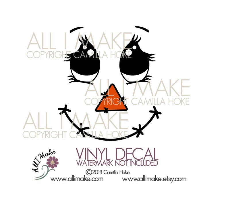 May include: A black and white vinyl decal of a scarecrow face with a triangle-shaped orange nose. The decal is for crafting and decorating. The text "ALL I MAKE" and "VINYL DECAL" is included in the image.