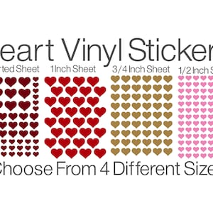 May include: Four sheets of heart-shaped vinyl stickers in assorted sizes. The sheets include 1 inch, 3/4 inch, 1/2 inch, and assorted sizes. The stickers are red, brown, and pink.