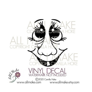 May include: Black and white line art illustration of a cartoon face with big eyes, a wide smile, and a large nose. The face is looking directly at the viewer. The image is a vinyl decal.