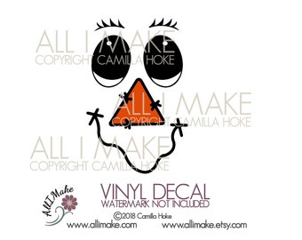 May include: A black and white illustration of a cartoon face with large eyes, a triangle nose, and a crooked smile. The text "ALL I MAKE" is repeated three times in the image. The text "COPYRIGHT CAMILLA HOKE" is repeated three times in the image. The text "VINYL DECAL" is in large, bold, brown letters. The text "WATERMARK NOT INCLUDED" is in smaller, brown letters. The text "©2018 Camilla Hoke" is in smaller, brown letters. The text "www.allimake.com" and "www.allimake.etsy.com" are in smaller, brown letters.
