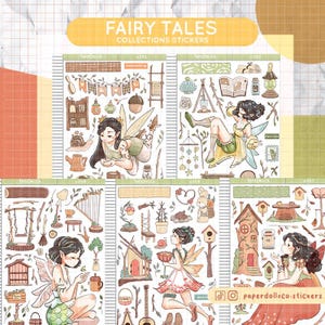 May include: A set of five sticker sheets featuring fairy tale illustrations. The stickers include fairies, mushrooms, houses, and other whimsical elements. The stickers are perfect for adding a touch of magic to your planner, journal, or scrapbook.
