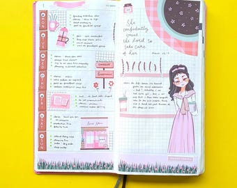 Roze bloemen Hobonichi-weekplannerstickers - zoete stengels