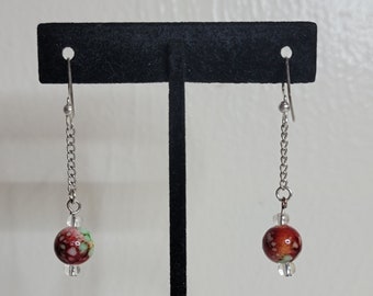 Handmade Red and Green Bead and Chain Earrings