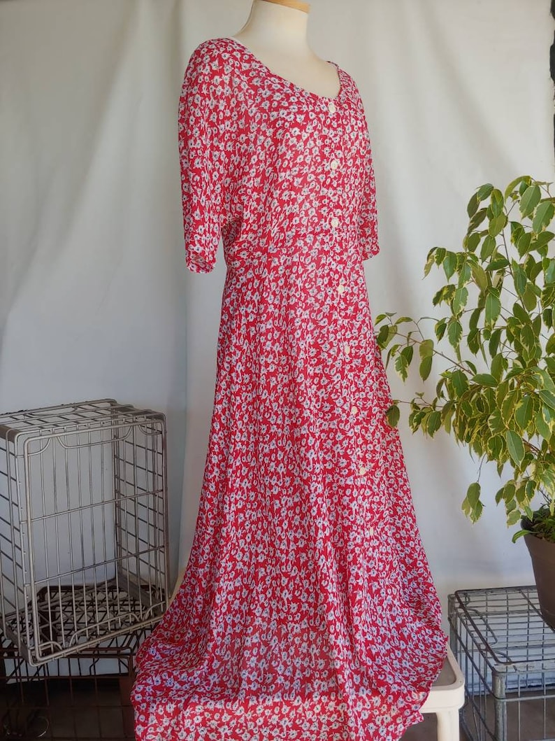 Vintage 1980s Red Floral Sheer Dress Size Medium