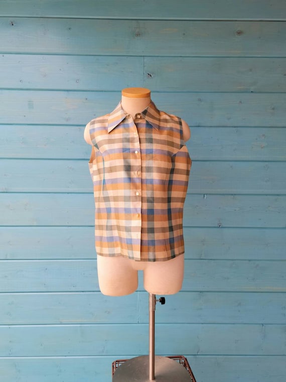 1990s Silk Plaid Button Down Blouse