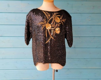 Chemisier noir à sequins années 80 pour femme, taille moyenne