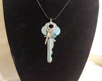 Upcycled Patina Key and Cross Necklace