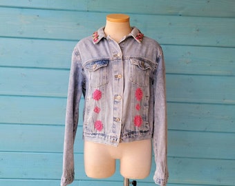 Upcycled Pink Lace and Denim Jacket Size Large