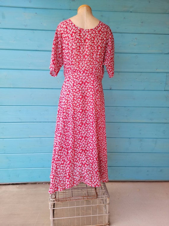 1970s Sheer Red Floral Dress Size M - image 3