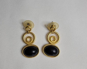 1980s Black and Gold Tone Dangle Earrings