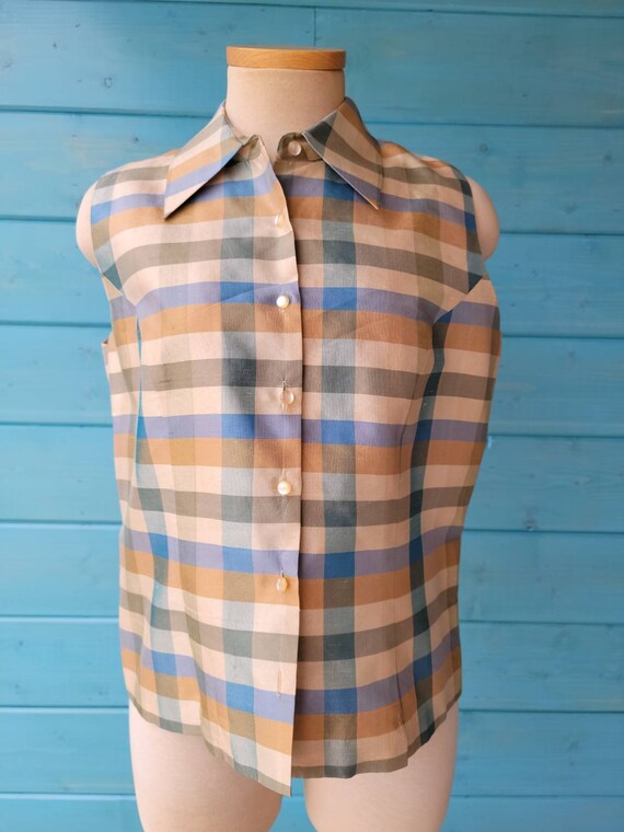 1990s Silk Plaid Button Down Blouse - image 2