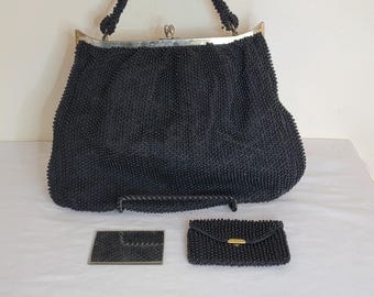 Sac à main de soirée noir Corde Bead et porte-monnaie des années 1950 avec un miroir