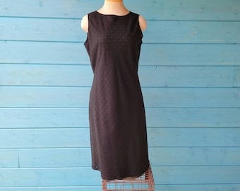 Petite robe noire en coton à oeillets des années 1980 Taille femme 8