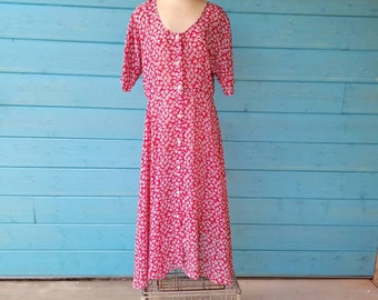 1970s Sheer Red Floral Dress Size M