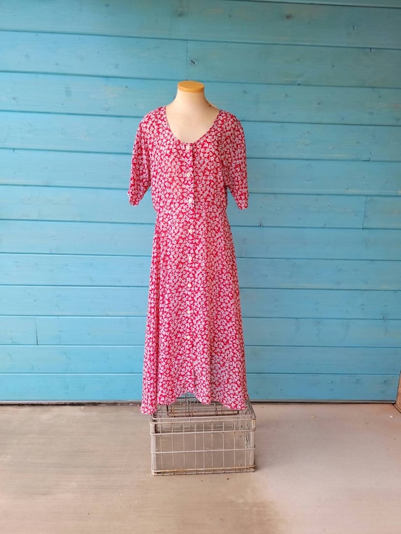 1970s Sheer Red Floral Dress Size M - image 1