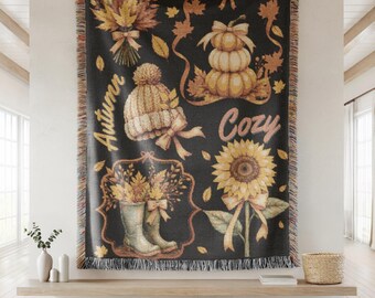 Fall Floral Woven Cotton Throw Blanket: Coquette Autumn Decor