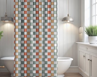 Retro Checkered Shower Curtain: Boho Geometric Bathroom Decor