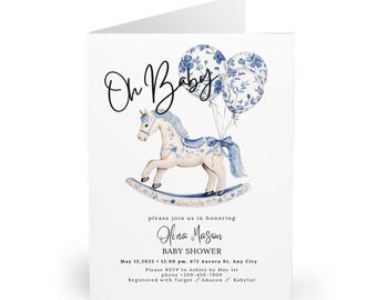 Invito per baby shower con cavallo a dondolo in stile Toile de Jouy blu (download digitale)