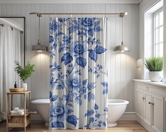 Blue Floral Shower Curtain, Vintage Bathroom Decor