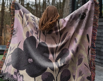 Fall Floral Woven Cotton Throw Blanket: Autumn Decor