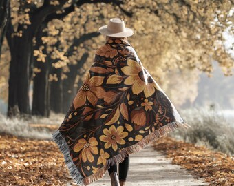 Woven Cotton Fall Floral Throw Blanket: Retro Autumn Decor