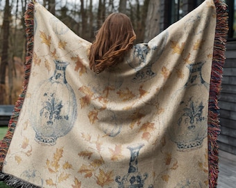 Fall Chinoiserie Pumpkin Woven Cotton Throw Blanket: Subtle Autumn Decor