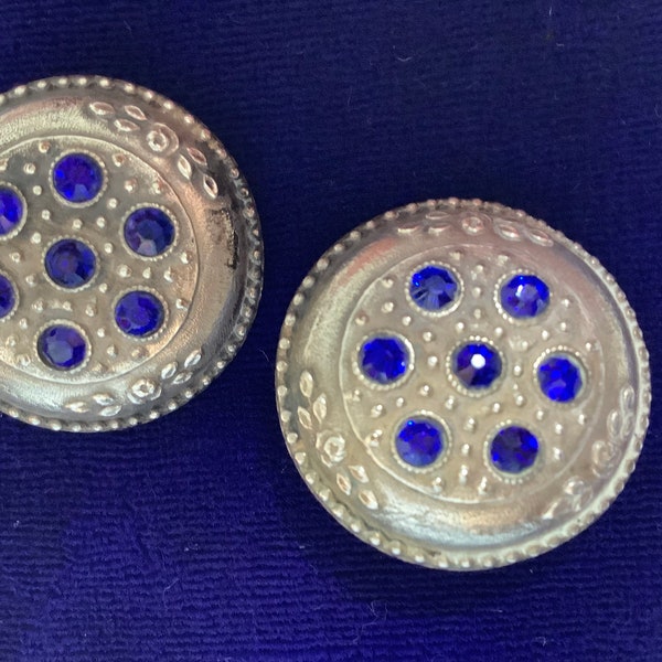 Shoe Ornaments Pair of White Metal Circular Slide Buckles set with Blue Jewels  for Shoes or Straps - Early 20th Century