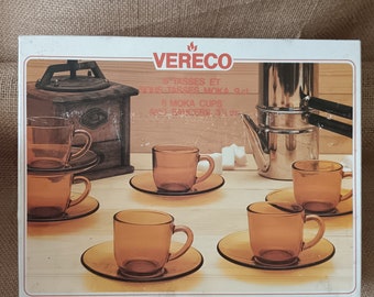 service à café moka VERECO en verre ambré vintage neuf français