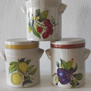 glazed beige stoneware pots with botanic fruit decor LML pottery.