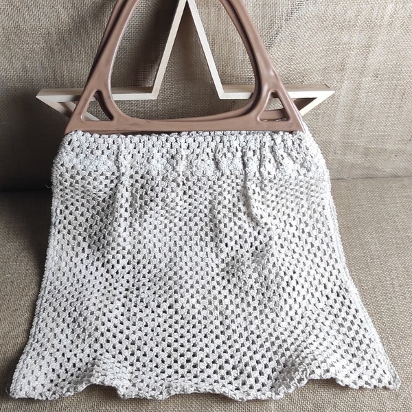 Sac à main vintage en crochet écru poignée plastique sac bohème hippie