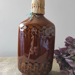 ceramic bottle glazed brown vintage Polish manufacture bottle bubble honeycomb decoration boho countryside