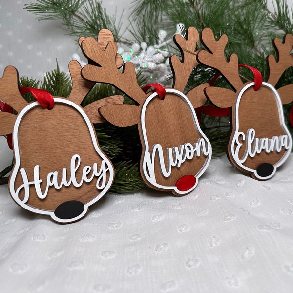 Personalized Reindeer Ornament | Custom Christmas Ornament | Holiday Family Ornament| Stocking Tag | Kids Ornament
