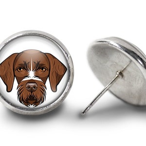 Pode incluir: Brincos de botão prateados com uma ilustração detalhada do rosto de um cão castanho e branco. O cão tem pelo castanho, focinho branco e barba longa castanha. Os brincos são redondos e têm fecho de pino.