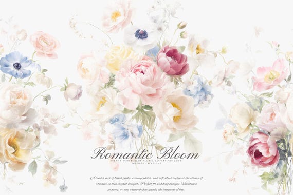 watercolor pastel flower clipart png, blush rose peony bouquet illustration, romantic botanical florals for wedding invitations