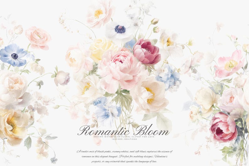May include: A watercolor illustration of a bouquet of pink, white, and blue flowers. The flowers are arranged in a loose, romantic style. The text "Romantic Bloom" is written in a script font at the bottom of the image.