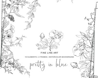Pretty in Blue, Hand Drawn Fine Line Clipart, Wild Flowers, Sketched Roses, Separate Elements Frames, Hand Drawn Florals, Meadow Flowers,