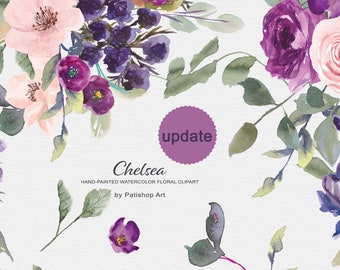May include: Watercolor floral clipart featuring purple and pink flowers, leaves, and greenery. The text "Chelsea" and "Hand-painted watercolor floral clipart by Palishop Art" is included in the image.