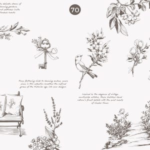 Puede incluir: Una colecci&oacute;n de 70 ilustraciones vintage con delicados dise&ntilde;os florales, p&aacute;jaros y una llave. Las ilustraciones est&aacute;n dibujadas en tinta negra sobre un fondo blanco. El texto "From fluttering birds to blooming orchids, every piece in this collection breathes the refined grace of the Victorian age into your designs." est&aacute; incluido en la imagen.