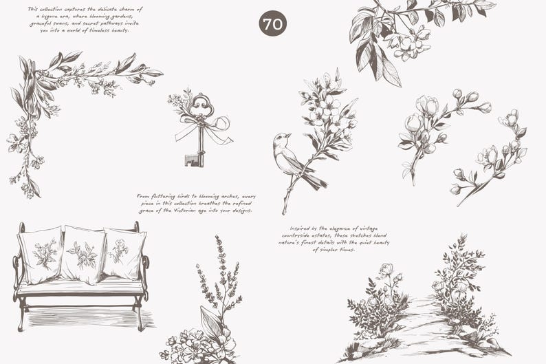 Puede incluir: Una colecci&oacute;n de 70 ilustraciones vintage con delicados dise&ntilde;os florales, p&aacute;jaros y una llave. Las ilustraciones est&aacute;n dibujadas en tinta negra sobre un fondo blanco. El texto "From fluttering birds to blooming orchids, every piece in this collection breathes the refined grace of the Victorian age into your designs." est&aacute; incluido en la imagen.