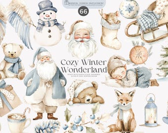 cozy winter – watercolor clipart – santa claus – winter animals – christmas elf – snowman illustration – festive elements – holiday decor
