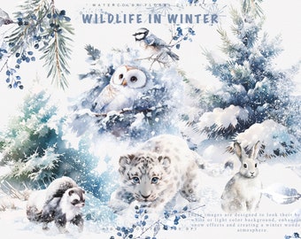 May include: Watercolor illustration of winter wildlife, including a snowy owl, a bluebird, a snow leopard, a rabbit, and a weasel. The animals are surrounded by snow-covered pine trees and blue berries.