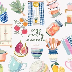 Puede incluir: Ilustración en acuarela de artículos de cocina y despensa. Incluye una ventana a cuadros azules y blancos, tazas apiladas, tarros de conservas, un armario, higos, limones y el texto "cozy pantry moments."