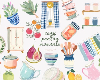 May include: Watercolor illustration of kitchen and pantry items. Includes a blue and white checkered window, stacked teacups, jars of preserves, a cabinet, figs, lemons, and the text "cozy pantry moments."