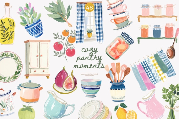 watercolor kitchen clipart set, cozy pantry illustrations, cottage kitchen elements, fruits jars dishes, farmhouse watercolor kitchen