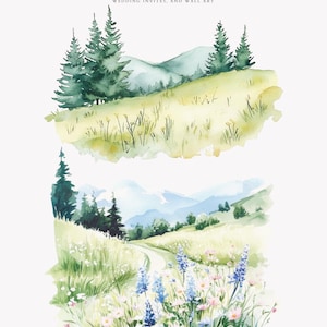 May include: Watercolor illustration of two floral landscapes with mountains in the background. The top landscape features a green grassy hill with two pine trees. The bottom landscape features a winding path through a field of wildflowers with a mountain range in the background.