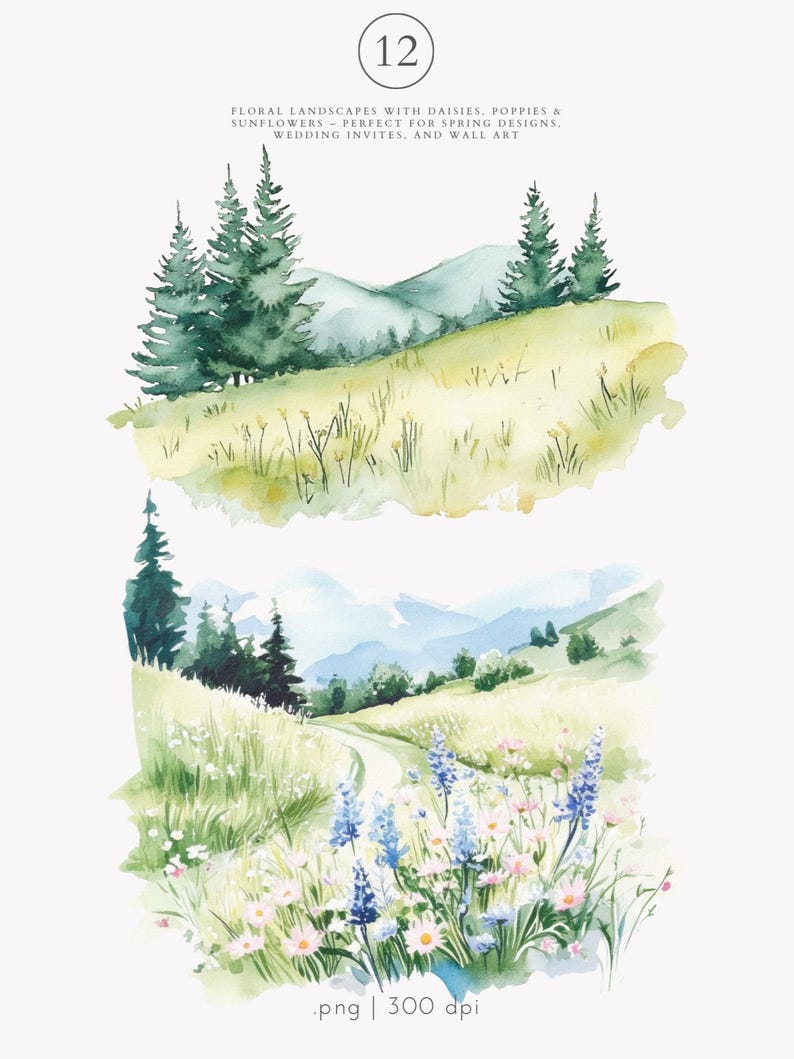 May include: Watercolor illustration of two floral landscapes with mountains in the background. The top landscape features a green grassy hill with two pine trees. The bottom landscape features a winding path through a field of wildflowers with a mountain range in the background.