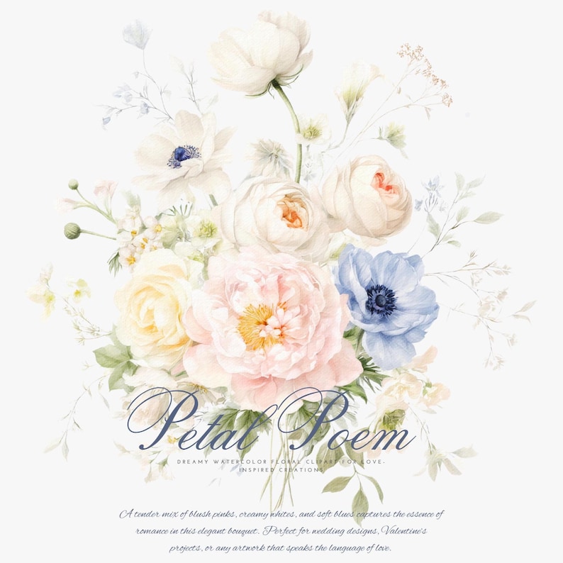 Peut inclure: Aquarelle d'un bouquet floral avec des pivoines rose blush, des roses blanc cr&egrave;me et des an&eacute;mones bleu clair. L'image comprend le texte "Petal Poem" et du texte descriptif.