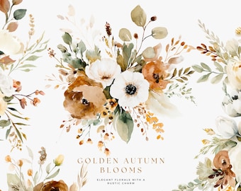 May include: A watercolour floral design with white anemones, brown and orange flowers, and green leaves. The text "GOLDEN AUTUMN BLOOMS" and "ELEGANT FLORALS WITH A RUSTIC CHARM" are displayed in a serif font.