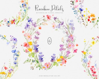 aquarel bloemenkrans clipart - kleurrijke bloemen - lentekrans - zomerkransen - premade clipart - bruiloft clipart - regenboog bloemen